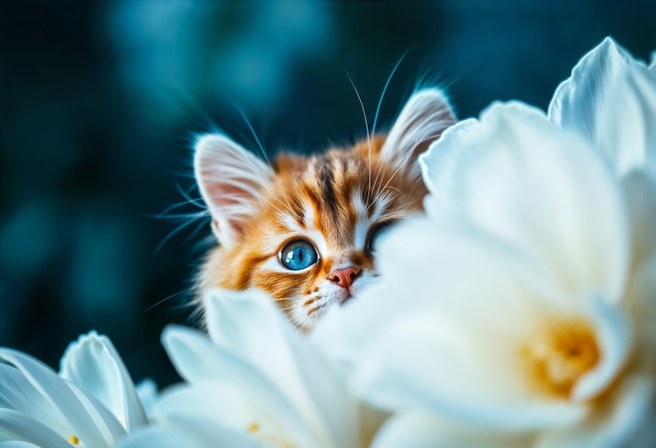 Gratis Foto een schattig portret van een huisdier omringd door bloemen.