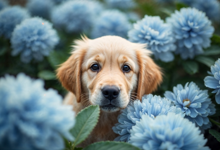 Gratis Foto een schattig portret van een huisdier omringd door bloemen.