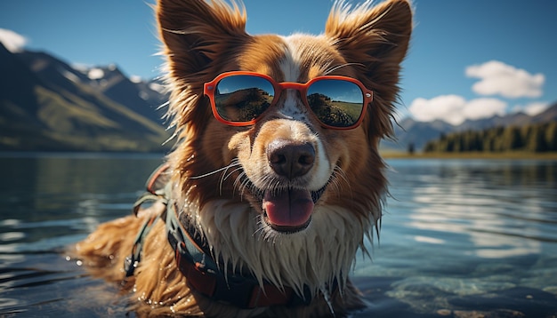Gratis foto een schattige hond met een zonnebril geniet van het buitenleven, puur geluk gegenereerd door kunstmatige intelligentie.