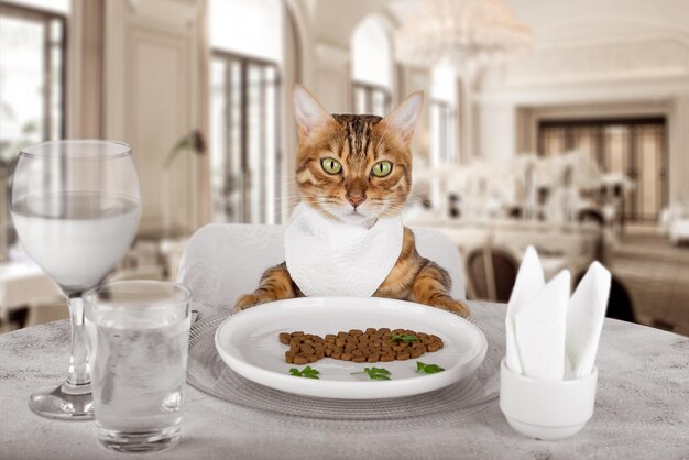 Een schattige kat bij een heerlijk diner in een restaurant aan tafel.