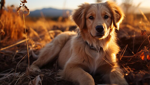 Een schattige puppy die in het gras zit en naar de zonsondergang kijkt, gegenereerd door kunstmatige intelligentie