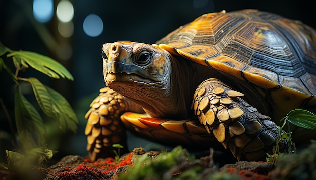 Een schattige schildpad kruipt langzaam in het tropische regenwoud, gegenereerd door kunstmatige intelligentie