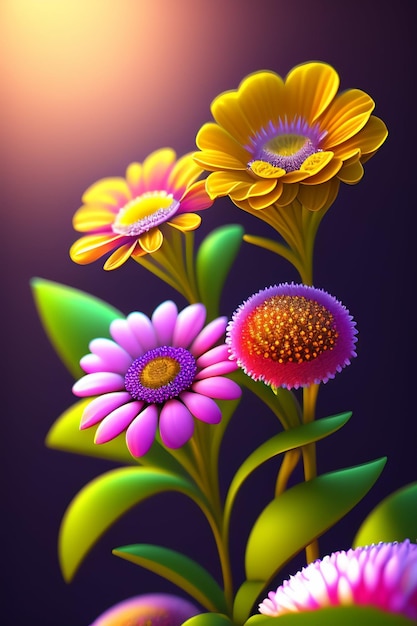 Een schilderij van bloemen die paars en geel zijn.