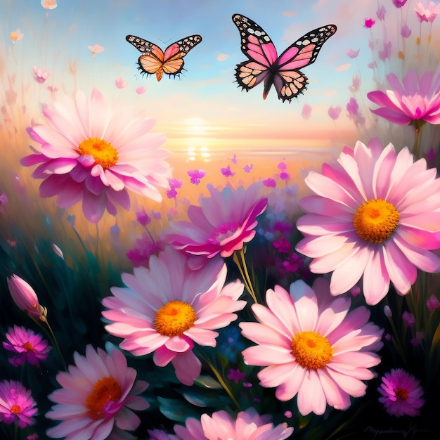 Een schilderij van bloemen met een vlinder erop