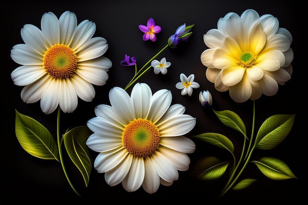 Een schilderij van bloemen met links een paarse bloem