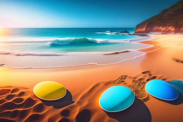 Een schilderij van drie cirkels op het strand met de oceaan op de achtergrond.
