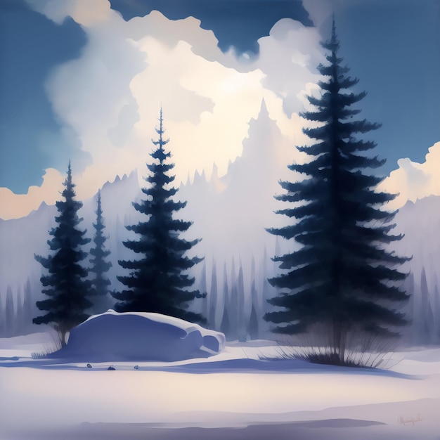 Een schilderij van een besneeuwd landschap met bomen en een besneeuwde auto op de voorgrond.