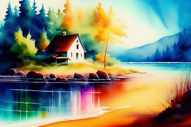 Een schilderij van een huis aan het water
