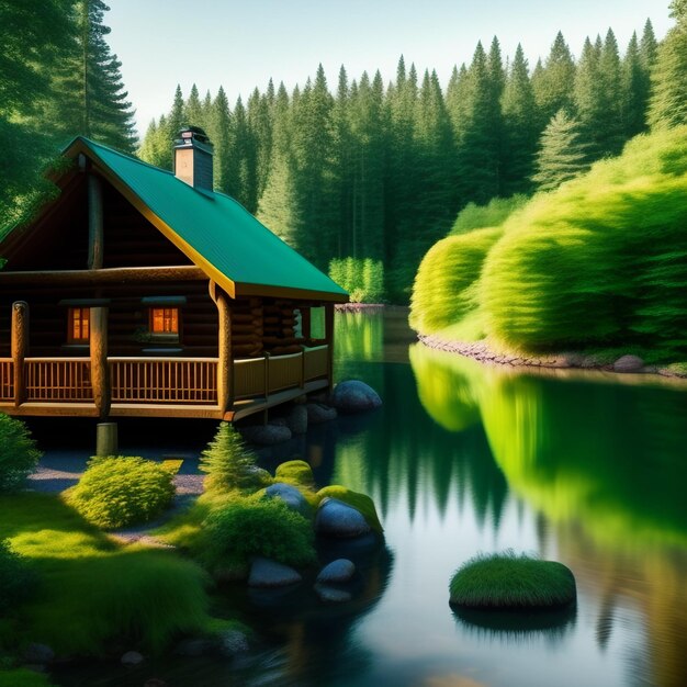 Een schilderij van een huis met een groen dak en een meer op de achtergrond.