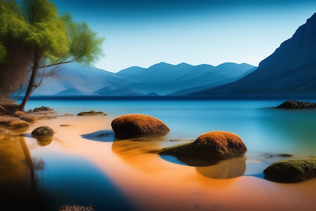 Een schilderij van een meer met bergen op de achtergrond