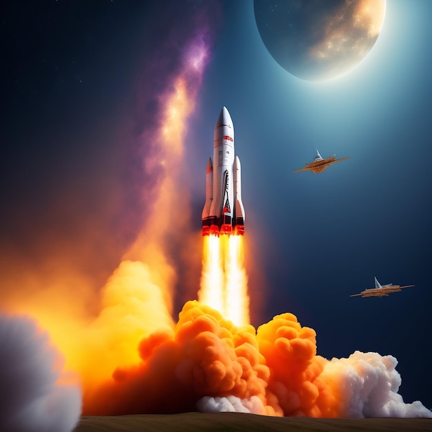 Gratis foto een schilderij van een raket die opstijgt vanaf een planeet met de maan op de achtergrond.