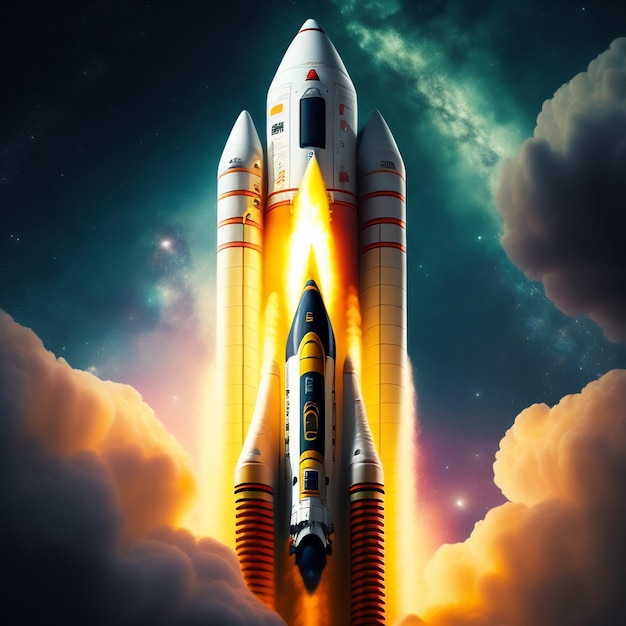 Een schilderij van een raket met het woord ruimte aan de zijkant