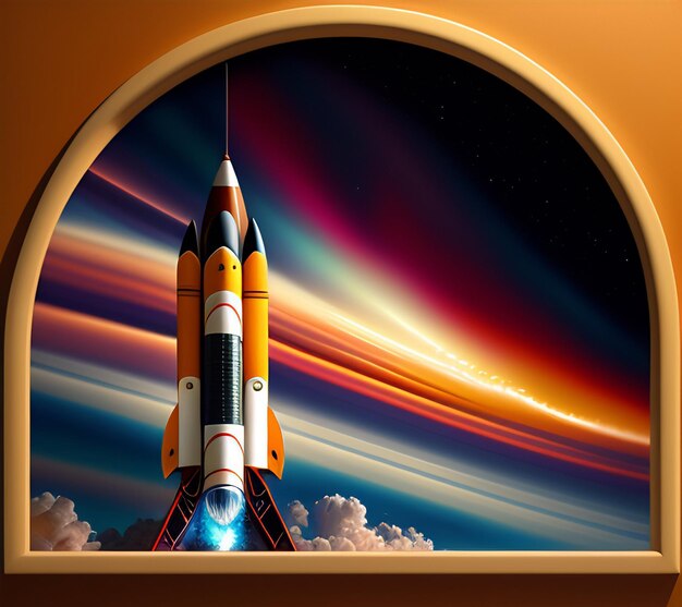 Een schilderij van een raket met het woord ruimte erop
