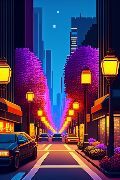 Gratis foto een schilderij van een straat met een gebouw en een bord met 'lichtstad'