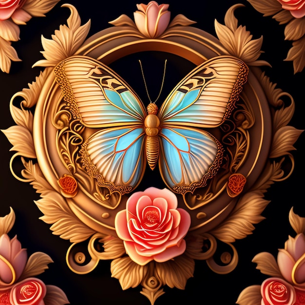 Een schilderij van een vlinder met een roos erop