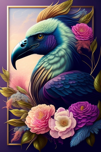 Gratis foto een schilderij van een vogel met een bloemenlijst en een paarse achtergrond.