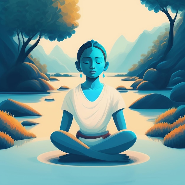 Een schilderij van een vrouw die mediteert in een rivier met bergen op de achtergrond.