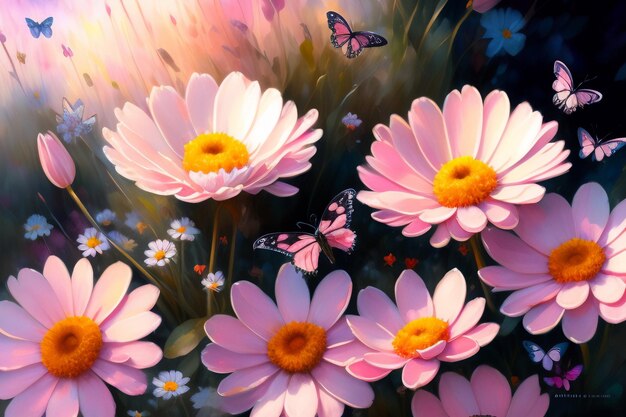 Een schilderij van roze bloemen met een vlinder erop