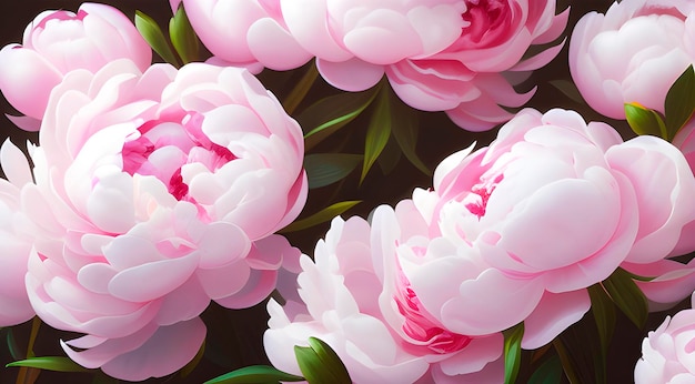 Een schilderij van roze pioenrozen met groene blaadjes erop.