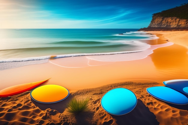 Een schilderij van surfplanken op een strand met de oceaan op de achtergrond.