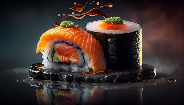 Een schilderij van sushi en een bord met een afbeelding van een vis erop