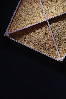 Een set van graan granen. rijst, boekweit en gierstgrutten in een houten dienblad. een kruidenierswinkelreeks van graangewassen. import van graan.