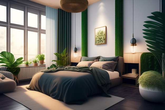 Gratis foto een slaapkamer met groene gordijnen en een bed met een groene deken en een lamp die aan het plafond hangt.