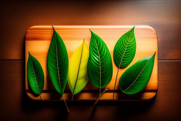 Gratis foto een snijplank met groene bladeren en een geel bananenblad.