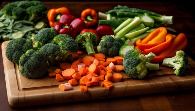 Een snijplank met groenten erop waaronder broccoli, wortelen, paprika's en andere groenten.