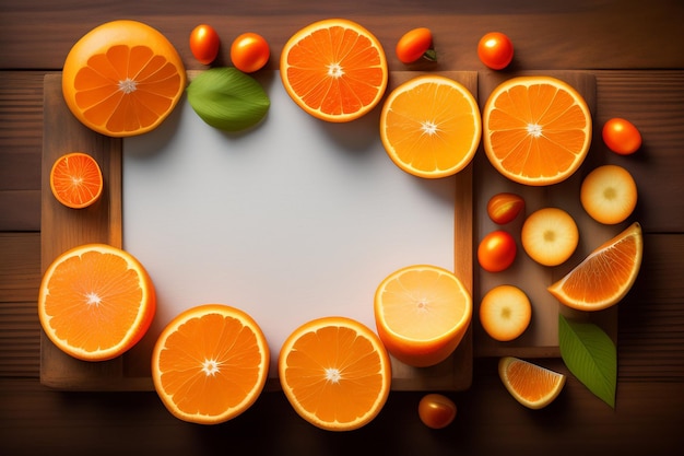 Een snijplank met sinaasappels en tomaten erop