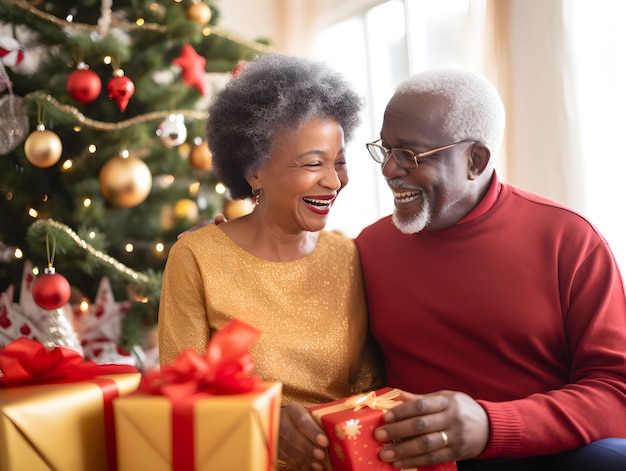 Een stel dat kerstcadeaus uitwisselt.