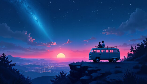 Een stel in een bus bij zonsondergang