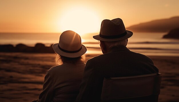 Een stel zit op een strand naar de zonsondergang te kijken.