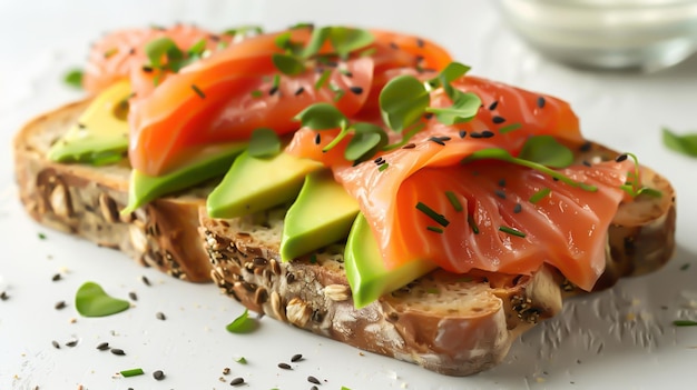 Een stuk brood met avocado en zalm.