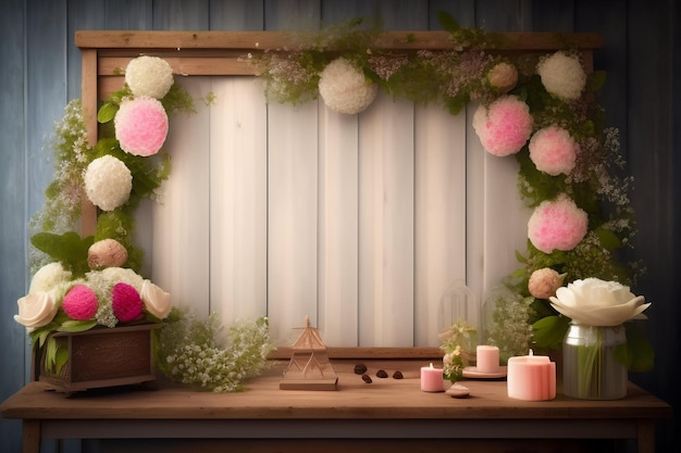 Een tafel met bloemen en een bord met de tekst 'love is in the corner'