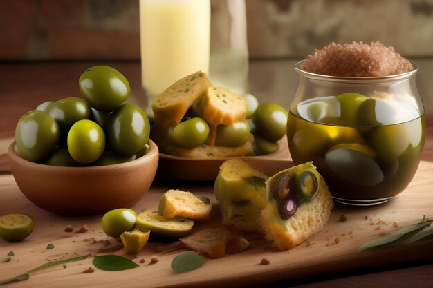 Een tafel met olijven en brood erop