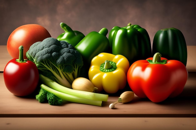 Een tafel vol groenten waaronder broccoli, paprika's en tomaten.