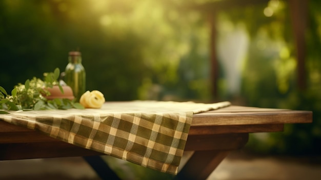 Gratis foto een tafel waarop een geruit tafelkleed ligt op de achtergrond van een wazig groen