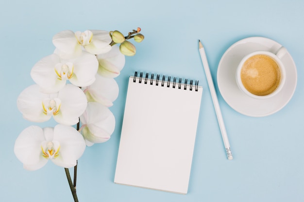 Een tedere witte orchidee bloeit dichtbij de spiraalvormige blocnote; potlood en koffiekopje tegen blauwe achtergrond