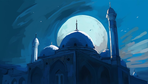 Een tekening van een moskee met een volle maan op de achtergrond.