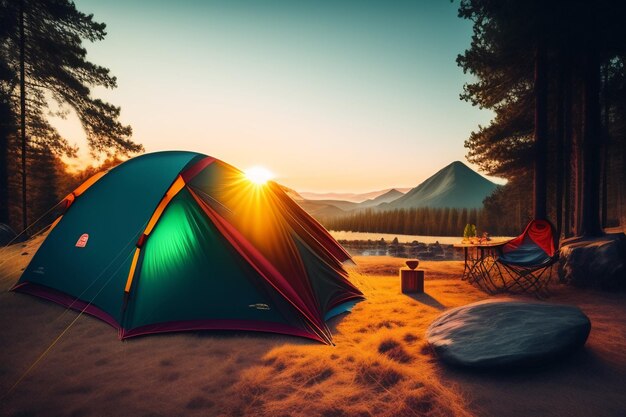 Een tent voor een berg met daarachter de ondergaande zon