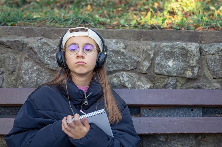 Gratis Foto een tienermeisje met een bril die buiten in het park zit en naar muziek luistert