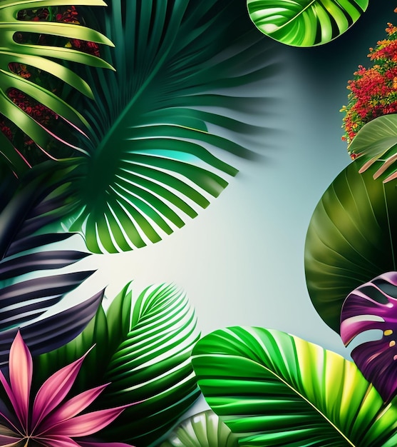Gratis foto een tropische achtergrond met een blauwe lucht en een groen blad met een rode bloem in het midden.