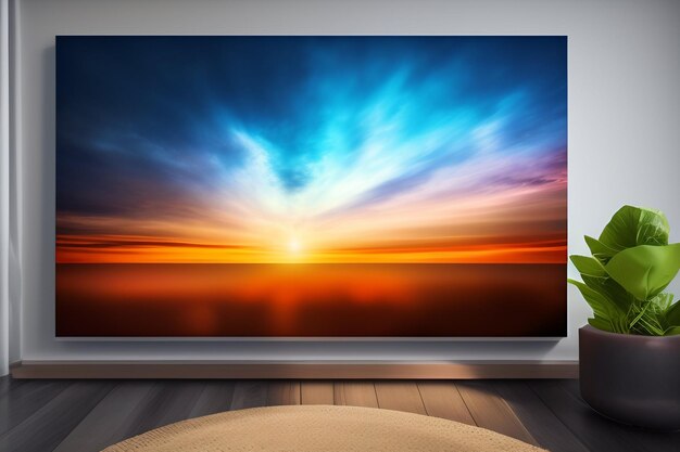 Een tv staat op een houten vloer en de tv laat een zonsondergang zien