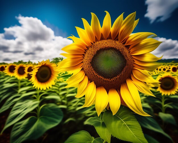 Een veld met zonnebloemen wordt getoond met een blauwe lucht op de achtergrond.