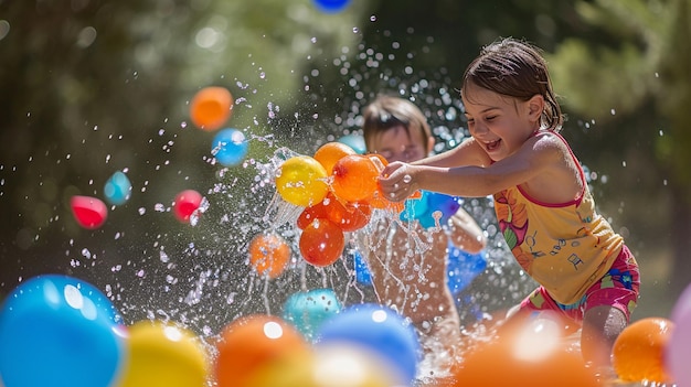 Gratis foto een verjaardagsfeestje met waterthema met waterballonnen, waterpistolen en speelse spetteractiviteiten voor kinderen