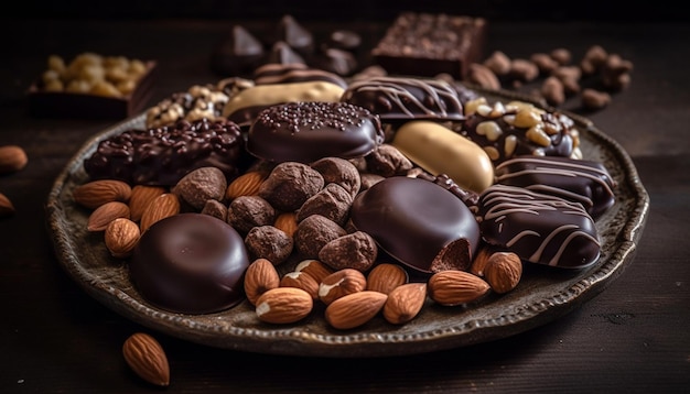 Gratis foto een verleidelijke verscheidenheid aan gourmet chocolade desserts op een rustiek bord gegenereerd door kunstmatige intelligentie