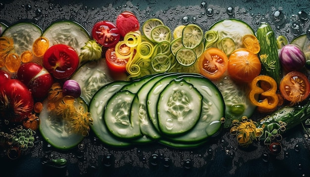 Gratis foto een verscheidenheid aan groenten op een tafel met waterdruppels erop
