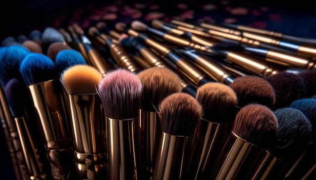 Een verzameling kleurrijke schoonheidsproducten voor glamoureuze make-up, gegenereerd door kunstmatige intelligentie