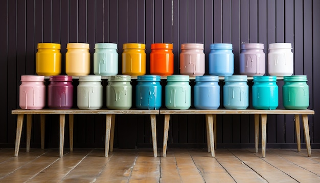 Gratis foto een verzameling kleurrijke verfflessen op een houten tafel gegenereerd door kunstmatige intelligentie